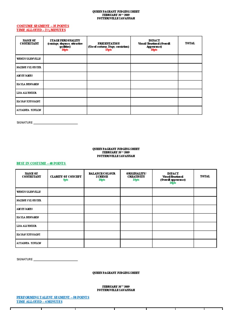 Queen Pageant Judging Sheet