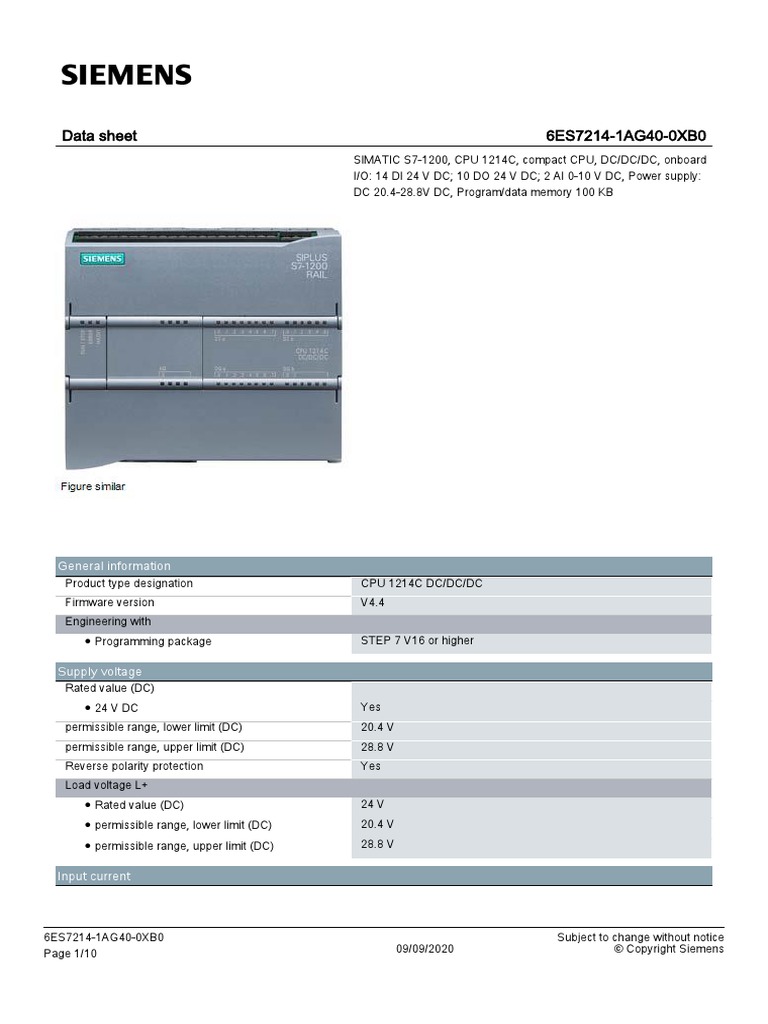 Data Sheet 6ES7214-1AG40-0XB0: General Information | PDF