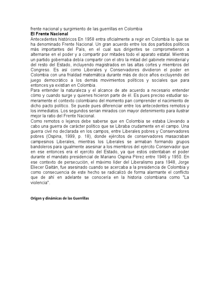 Frente Nacional y Surgimiento de Las Guerrillas en Colombia | PDF