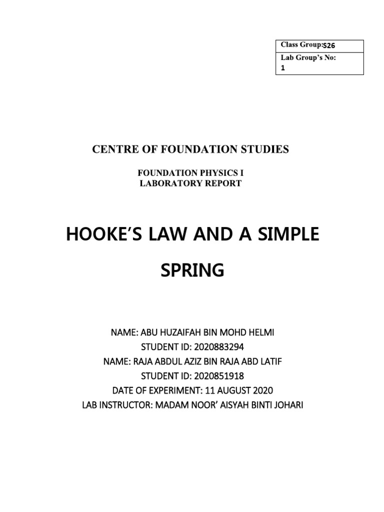 Lab Report Physics Hooke's Law | PDF | Elasticity (Physics) | Force