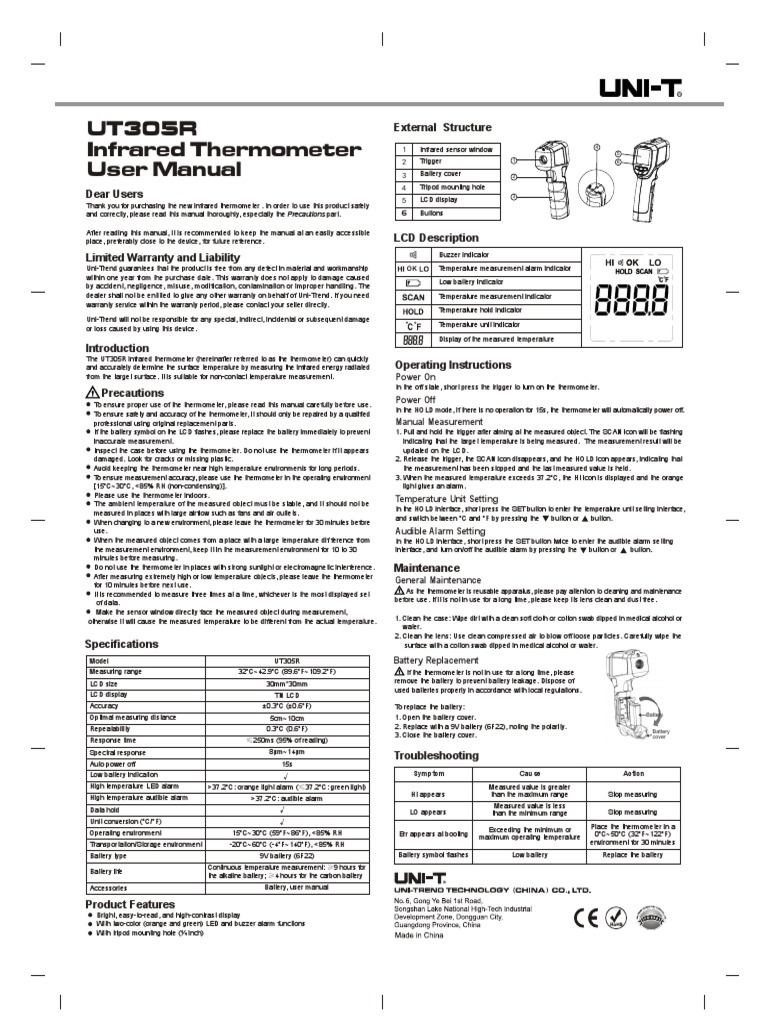 UT305R Infrared Thermometer English Manual PDF Thermometer Temperature