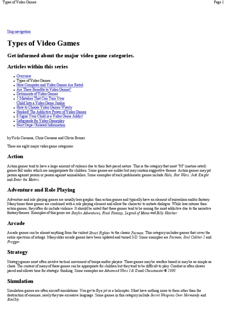 Types of Video Games PDF Video Games Leisure Activities