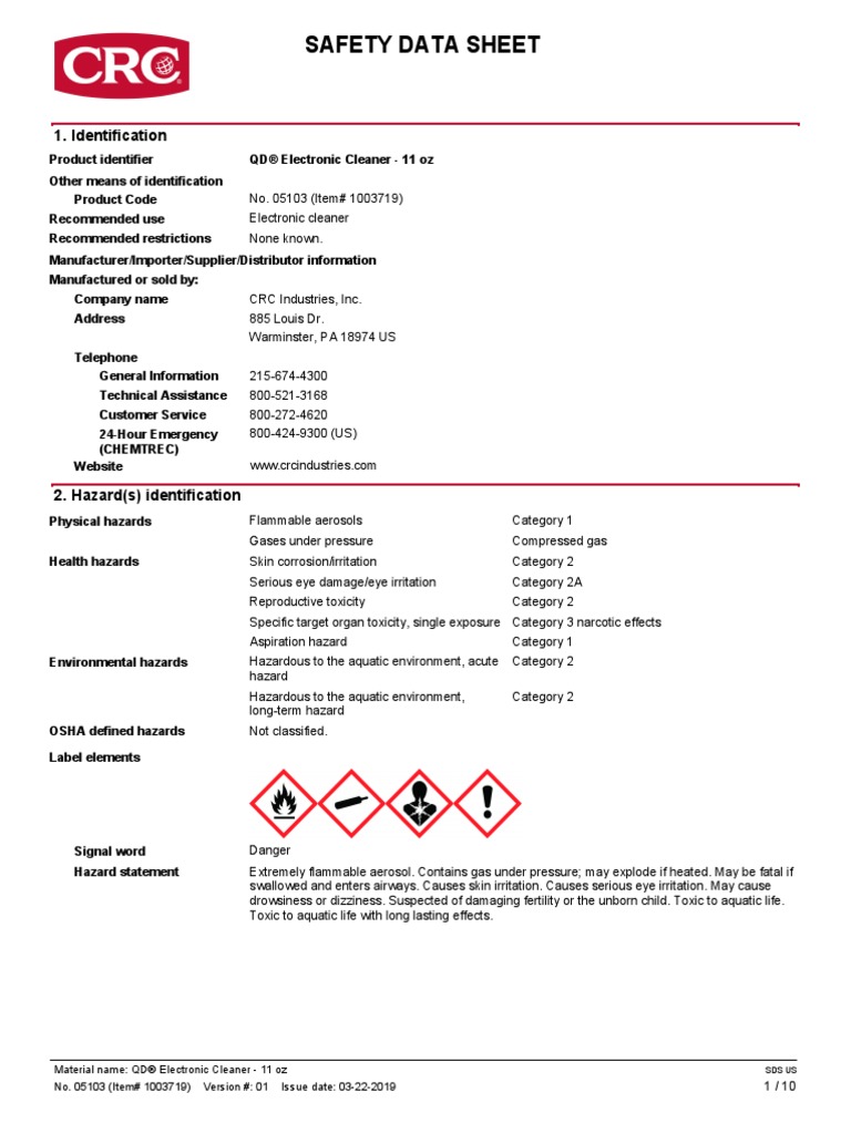 CRC 05103 QD Electronic Cleaner Safety Data Sheet PDF Dangerous