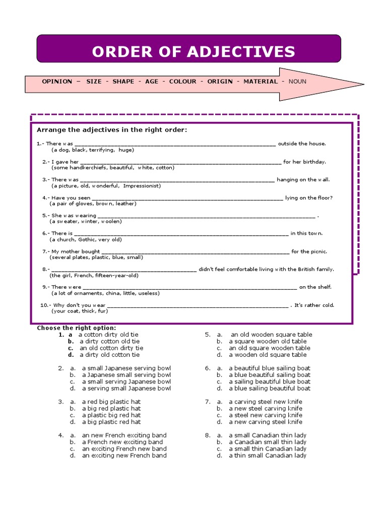 Order of Adjectives Exercises | PDF | Clothing