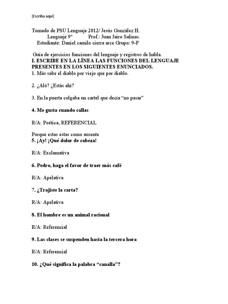 Ejercicios sobre funciones del lenguaje | PDF | Artes del Lenguaje y ...