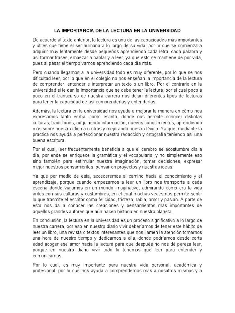 La Importancia de La Lectura en La Universidad #2 | PDF | Cognición ...