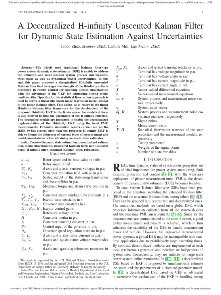 A Decentralized H-Infinity Unscented Kalman Filter For Dynamic State ...
