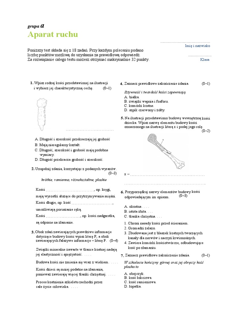 Test Biologia Klasa 7 Aparat Ruchu