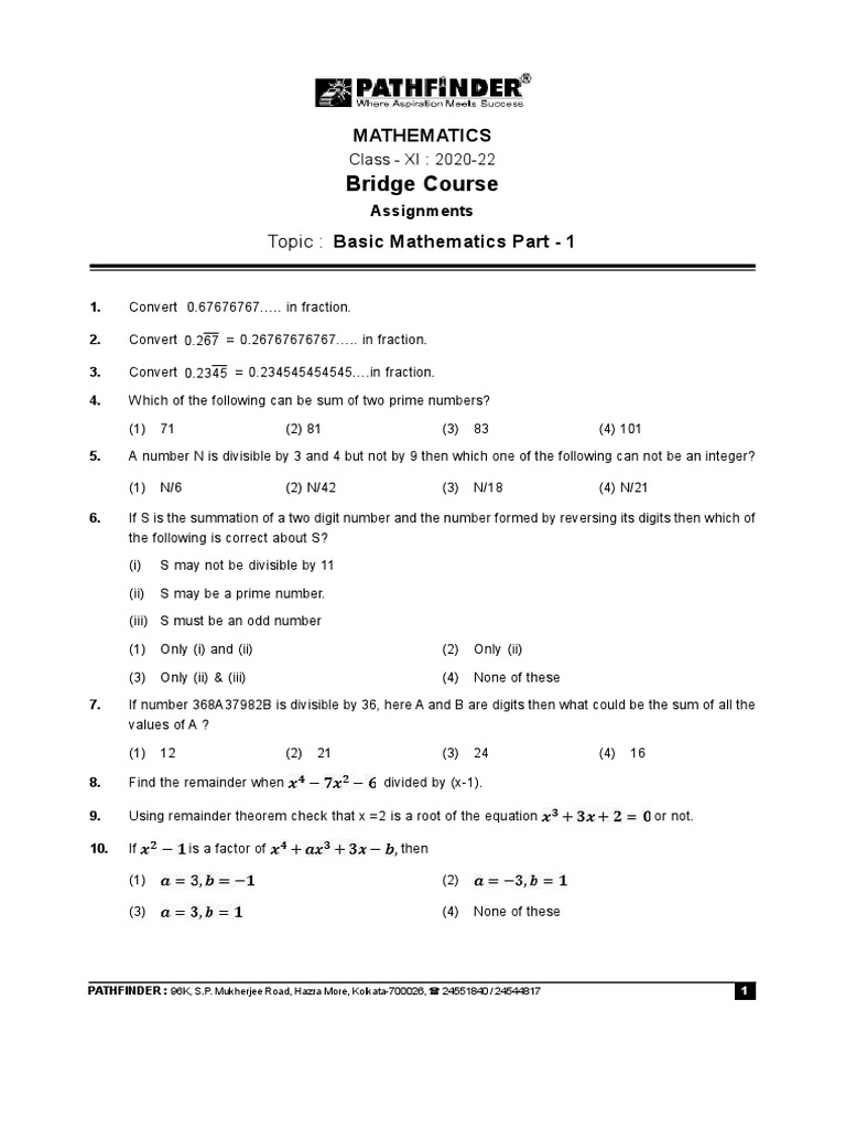 Bridge Course: Topic: Basic Mathematics Part - 1 | PDF