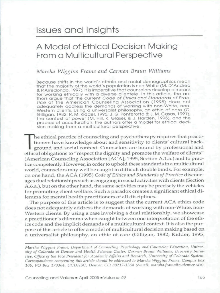 Multicultural Ethical Decision Making in Counseling | PDF | Counseling ...