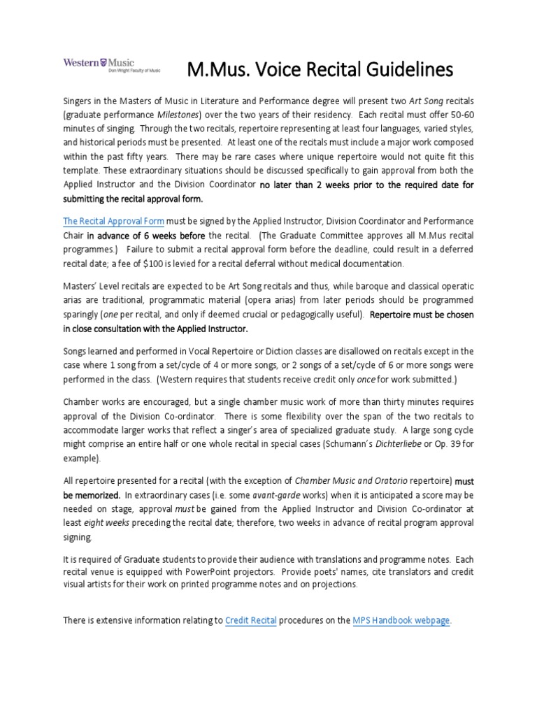 M.Mus. Voice Recital Guidelines: The Recital Approval Form | PDF ...