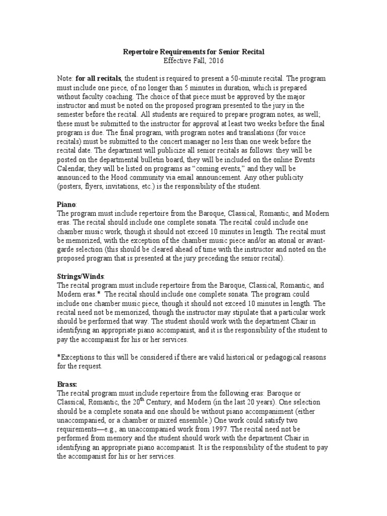 Music - Senior Recital Repertoire Guidelines 2016 | PDF | Concert ...