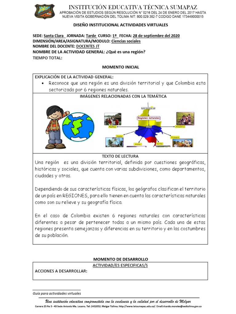 Actividades sobre Regiones Naturales de Colombia | PDF | Geografía ...