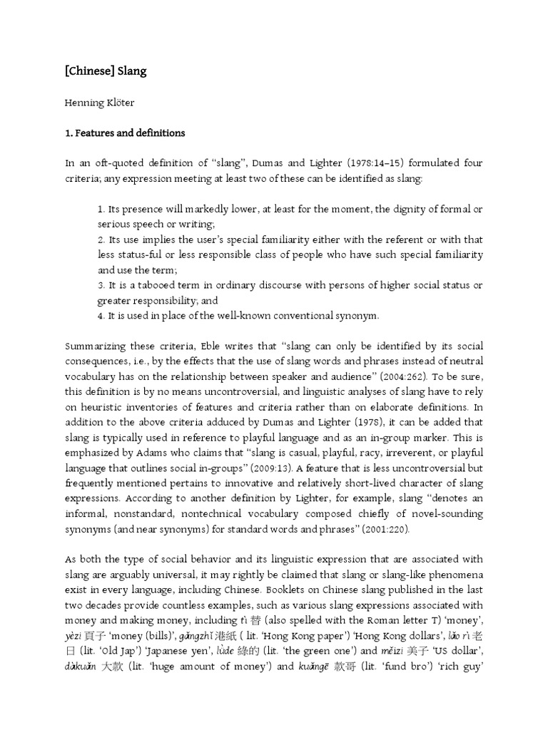 (Chinese) Slang 1. Features and Definitions PDF Slang Dialect
