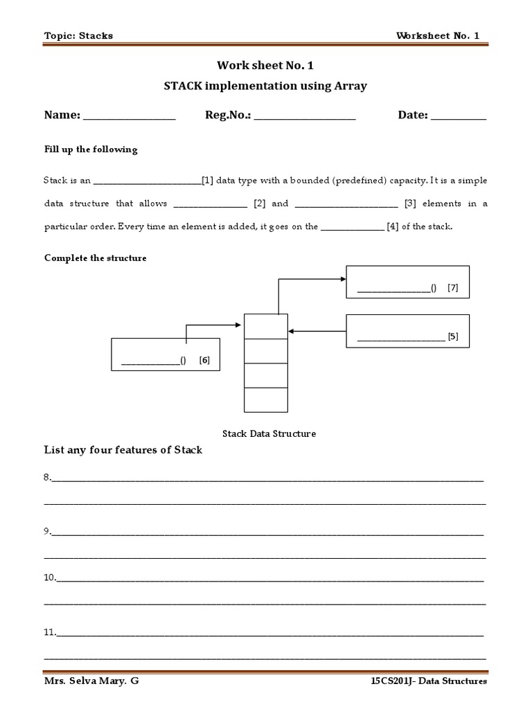 Work Sheet No. 1 STACK Implementation Using Array Name: - Reg - No ...
