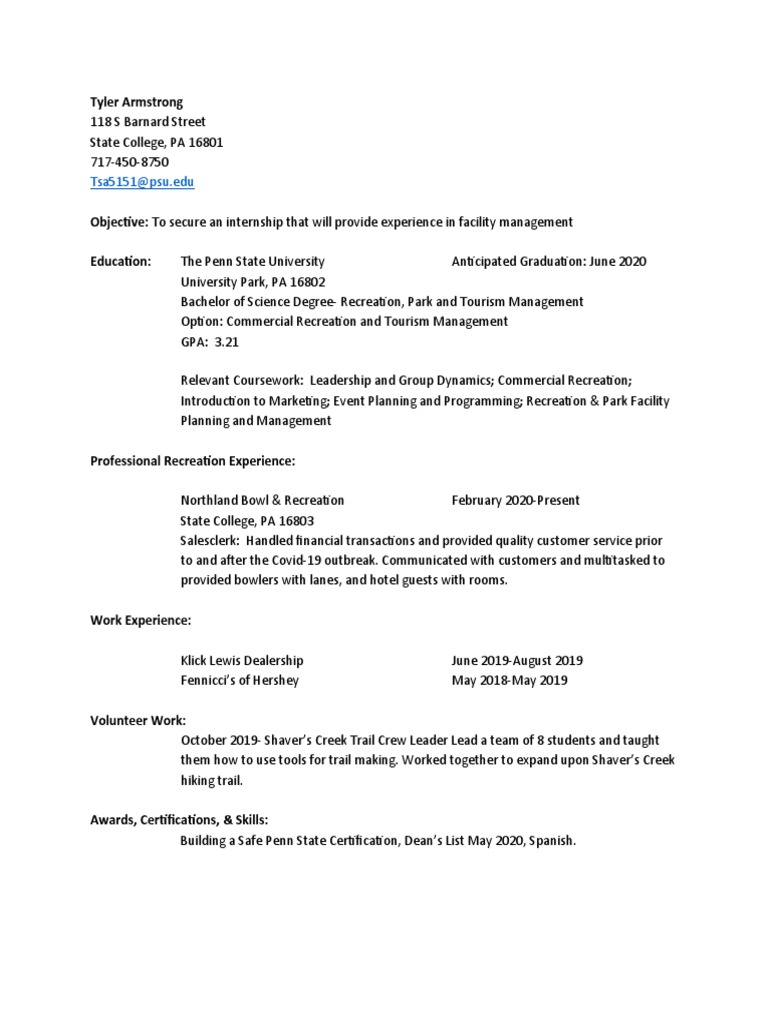 Internship in Recreation Management | PDF