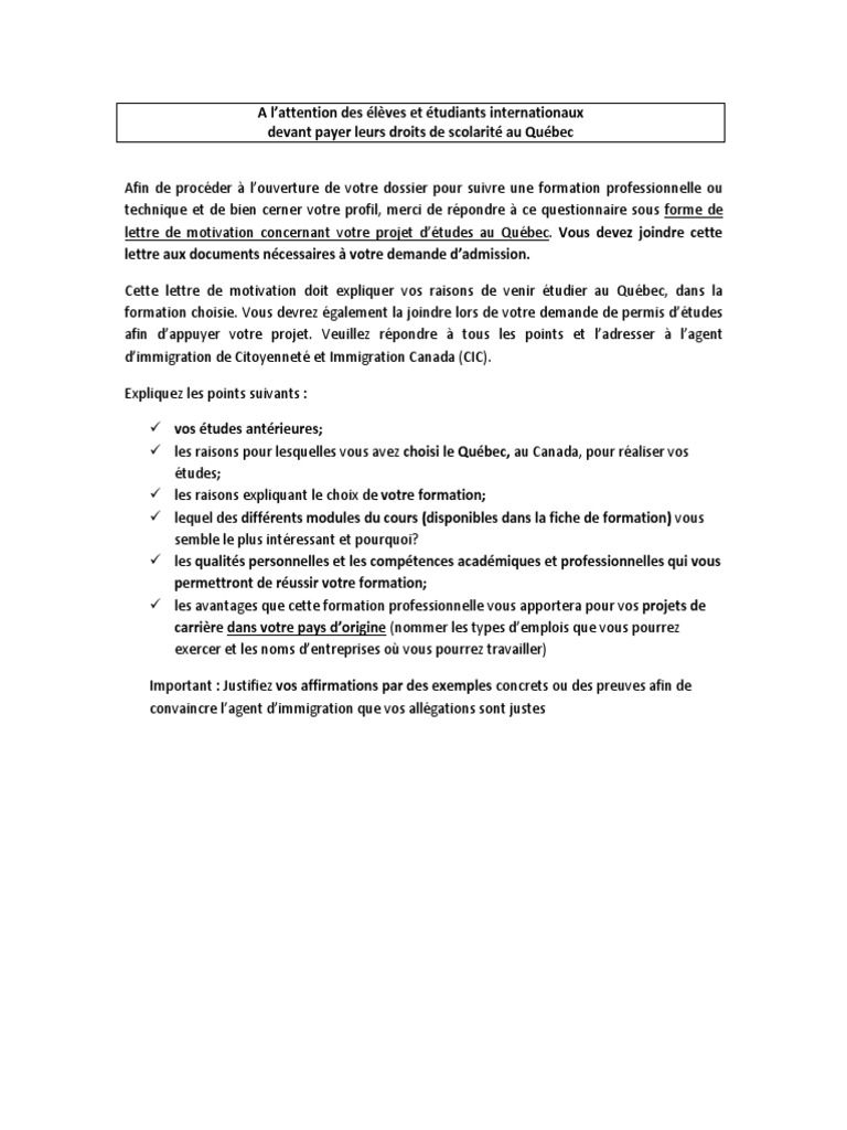 Exemple De Lettre De Motivation Pour Immigrer Au Canada Modele - Lettre de Motivation PDF | PDF | Québec | Canada