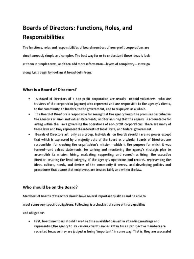 Boards of Directors Functions, Roles, and Responsibilities PDF Board Of Directors