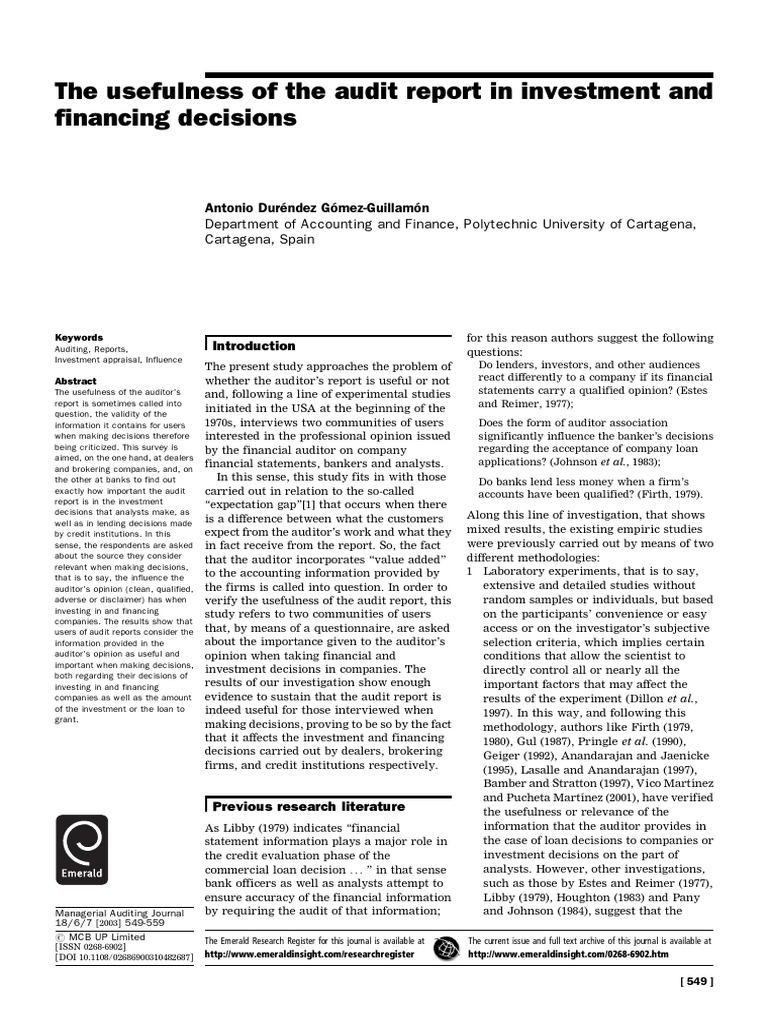 The Usefulness Of The Audit Report In Investment And Financing