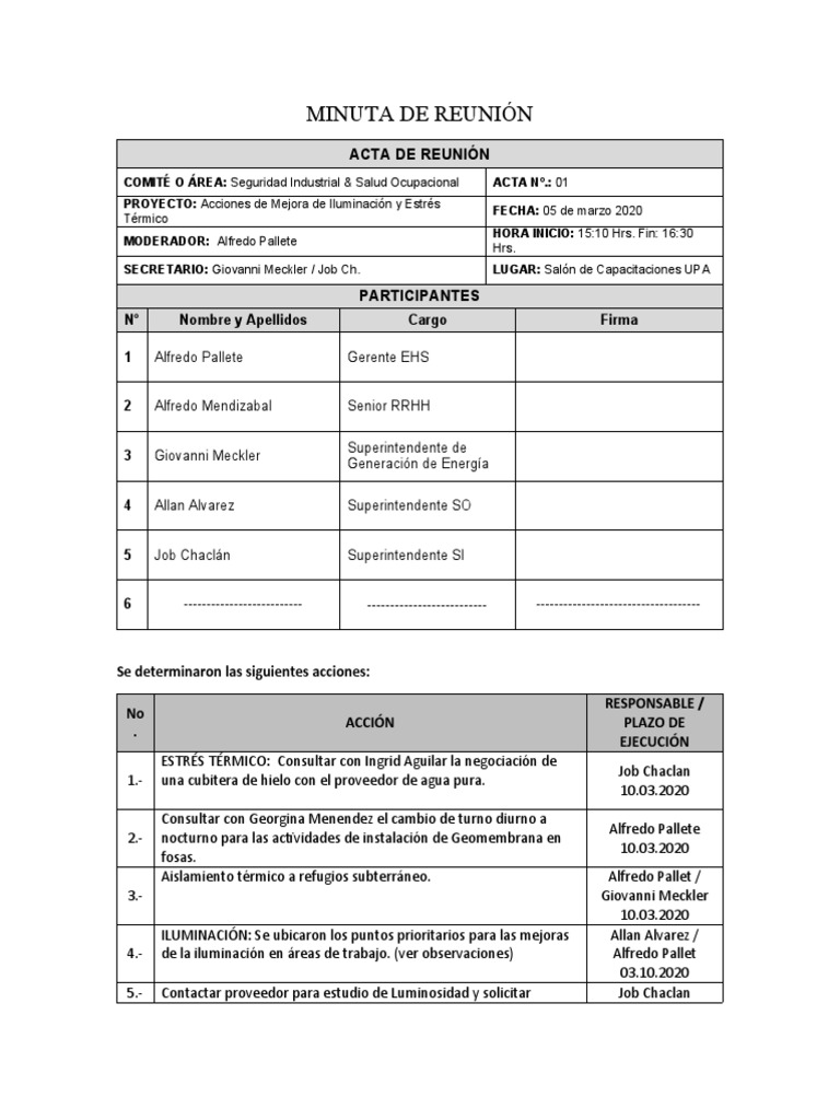 Minuta 01 de Reunión de Seguridad Industrial y Salud Ocupacional | PDF