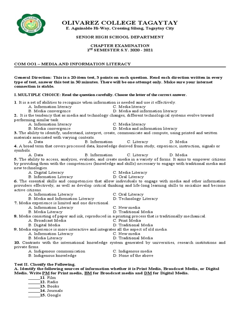 Senior High Media Literacy Exam | PDF | Information Literacy | Literacy