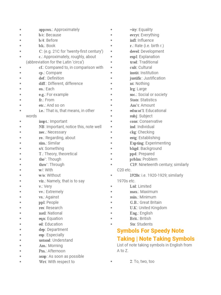 Symbols For Speedy Note Taking - Note Taking Symbols | PDF | Science