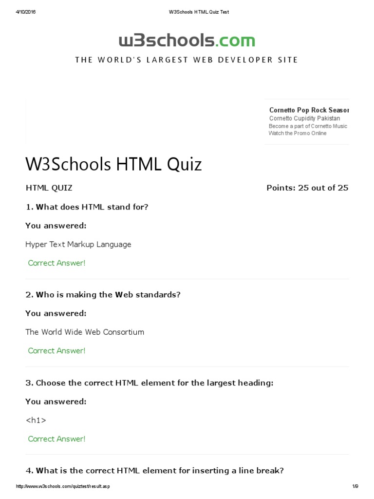 W3schools Html Quiz