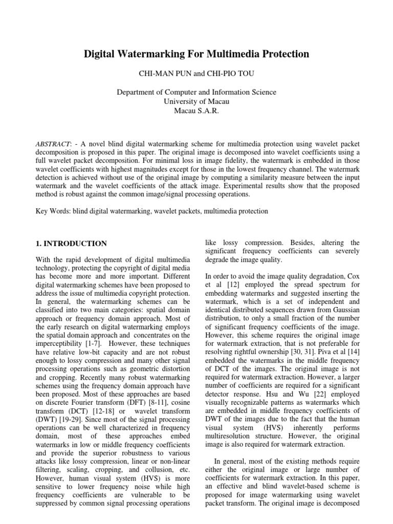 Digital Watermarking For Multimedia Protection | PDF | Wavelet | Signal ...