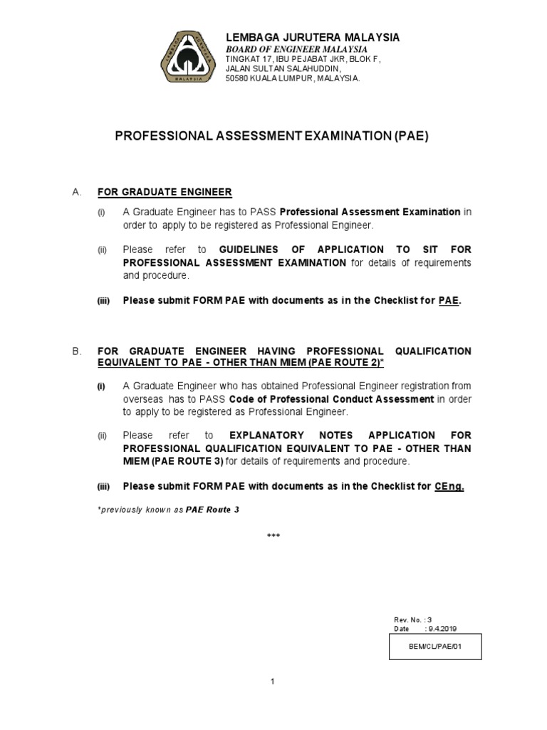 Professional Assessment Examination (Pae) : Lembaga Jurutera Malaysia ...