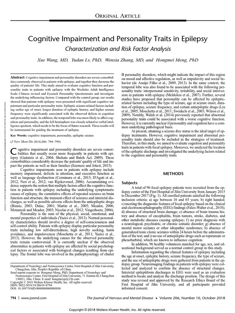 Cognitive Impairment and Personality Traits in Epilepsy (2.6) | PDF ...