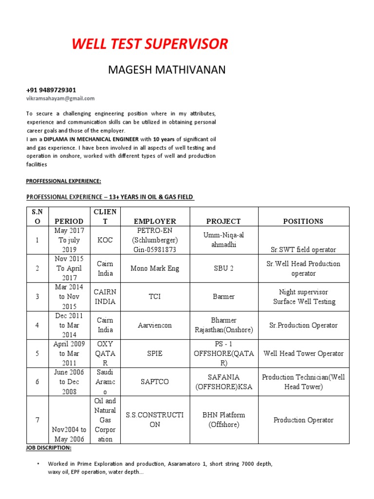 Well Testing Operator Resume Summary | PDF | Pressure Measurement ...