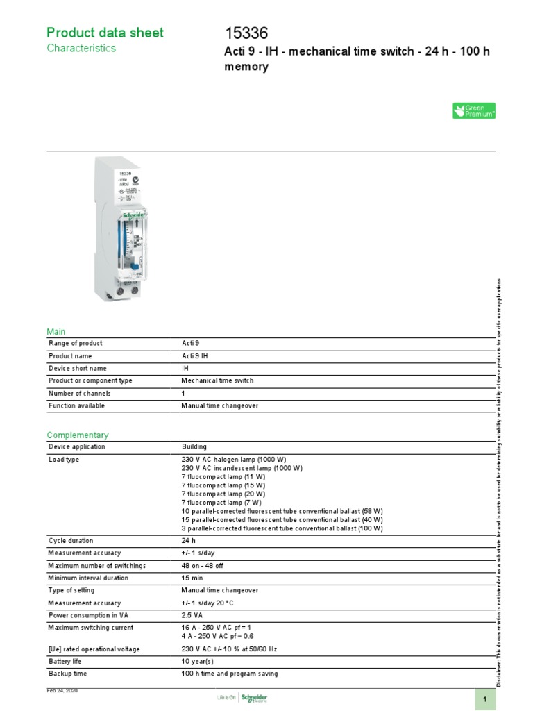 Product Data Sheet: Acti 9 - IH - Mechanical Time Switch - 24 H - 100 H ...