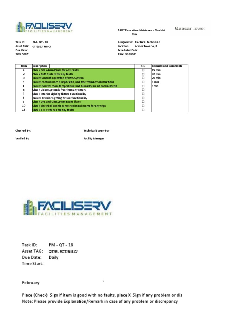 Daily Electrical Maintenance Checklist | PDF | Systems Engineering ...