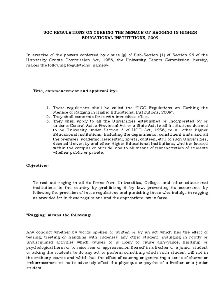 Ugc Regulations On Curbing The Menace of Ragging in Higher Educational