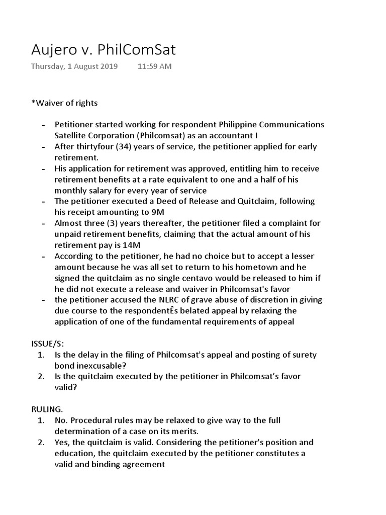 Aujero vs. Philcomsat: Quitclaim Validity | PDF | Private Law | Common Law
