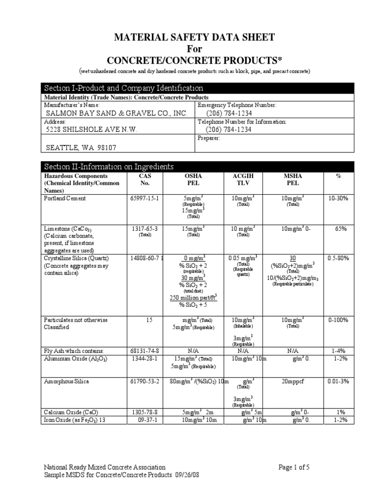 Material Safety Data Sheet For Concrete/Concrete Products Section I