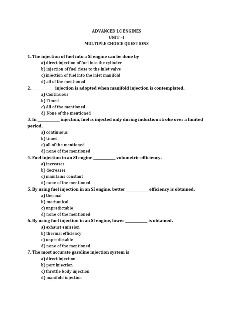 Aice Unit 1 MCQ PDF Internal Combustion Engine Fuel Injection
