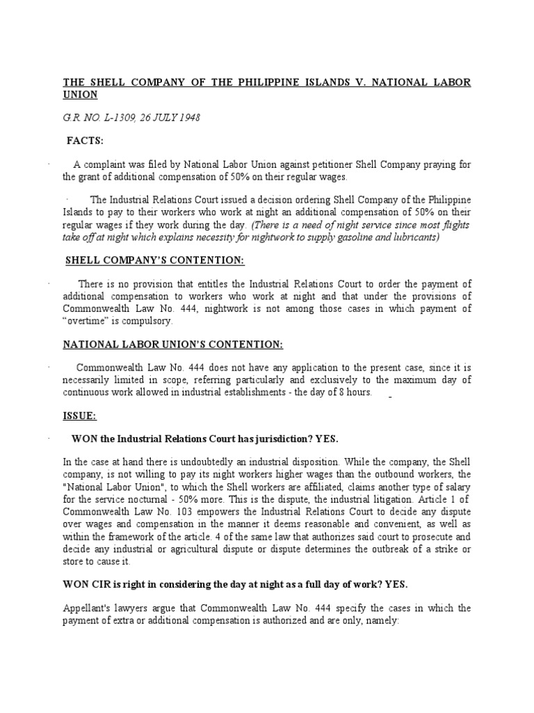 The Shell Company of The Philippine Islands v. National Labor Union ...