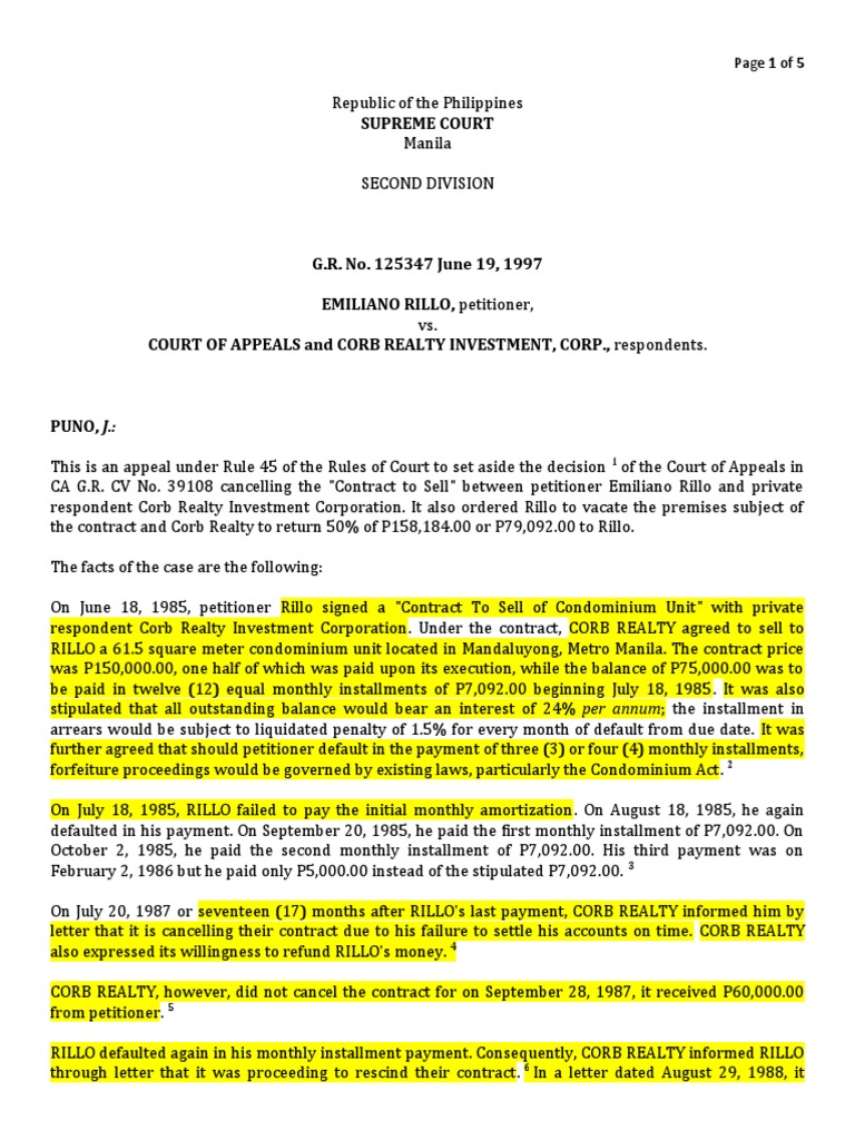 Rillo vs. CA | PDF | Conveyancing | Breach Of Contract