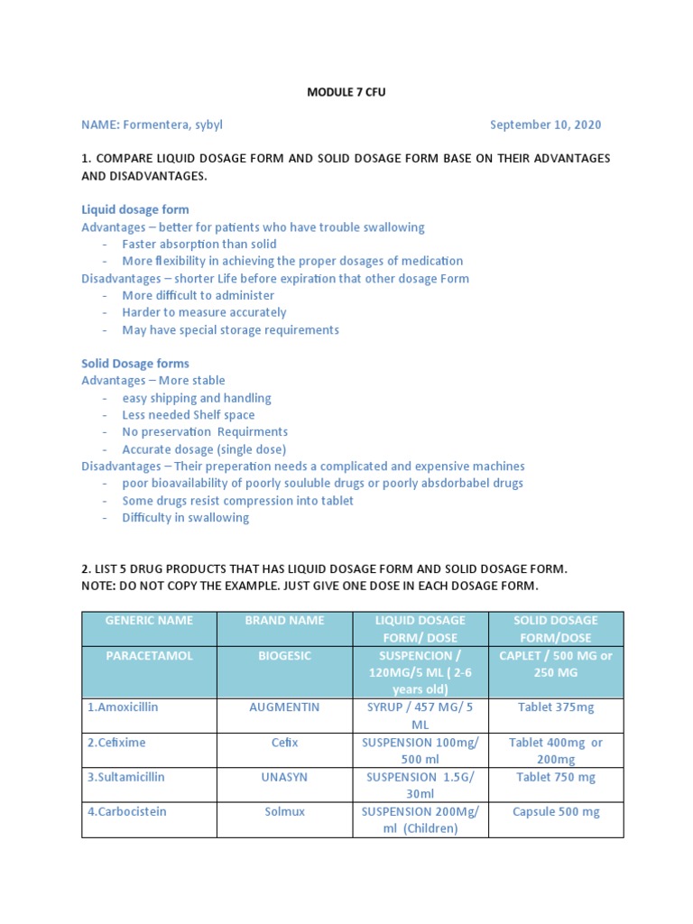 Compare Liquid Dosage Form and Solid Dosage Form Base On Their