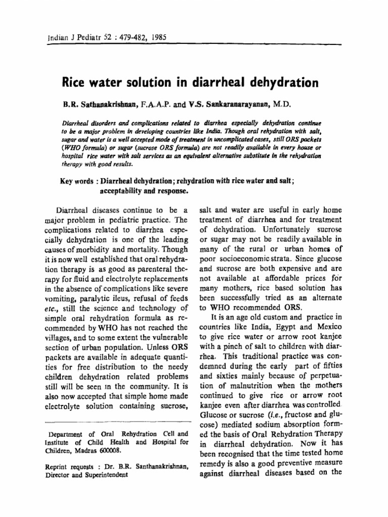 Rice Water Solution in Diarrheal Dehydration PDF Diarrhea Medical