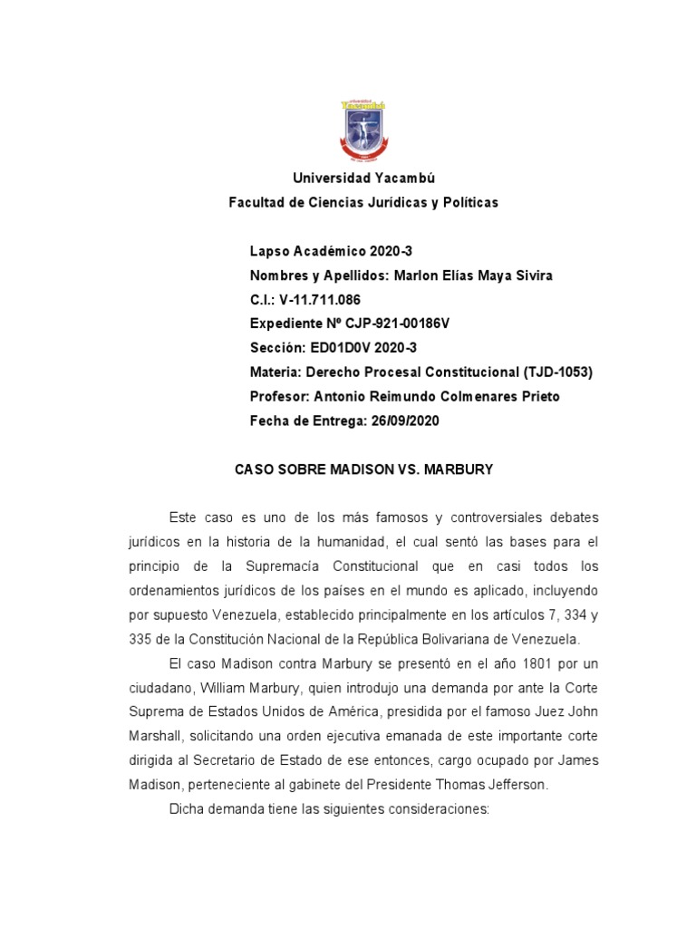 Ensayo Caso Madison VS Marbury | PDF | James Madison | Tribunal Supremo ...