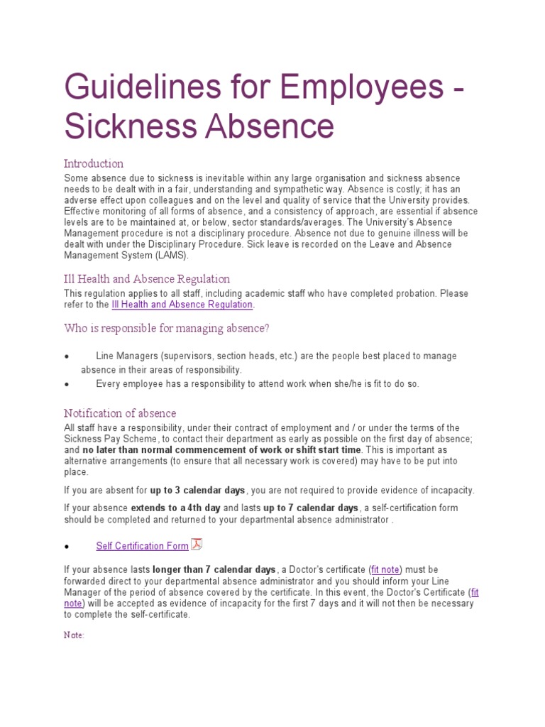Sickness Absence Guidelines for Employees | PDF | Occupational Safety ...