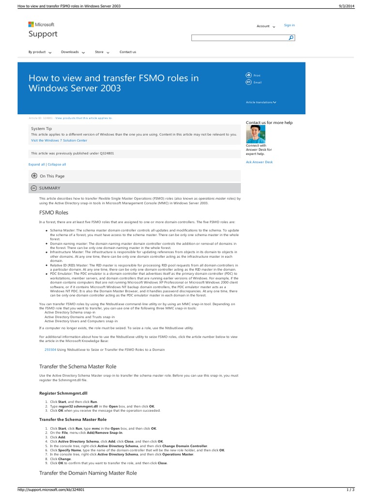 How To View and Transfer FSMO Roles in Windows Server 2003 | PDF ...
