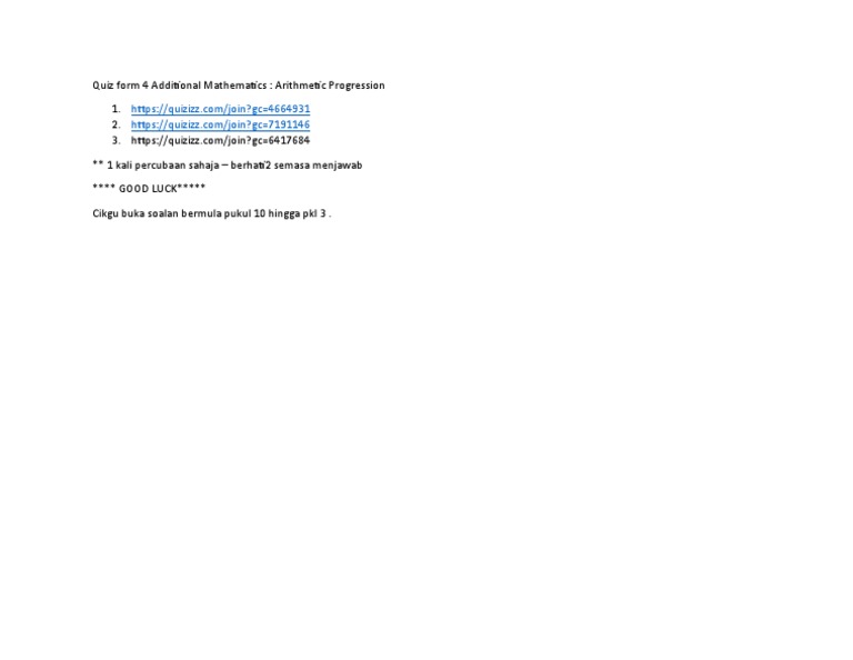 Quiz: Arithmetic Progression Form 4 | PDF