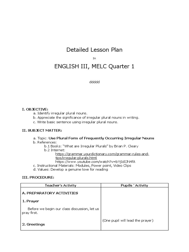 Detailed Lesson Plan English Iii, Melc Quarter 1: I. Objective | PDF |  Plural | Noun
