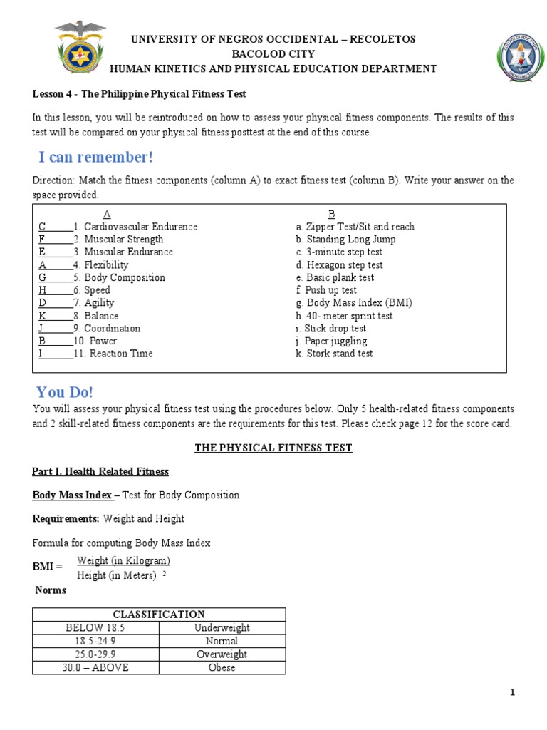 Philippine Physical Fitness Test Guide | PDF | Body Mass Index | Human Body