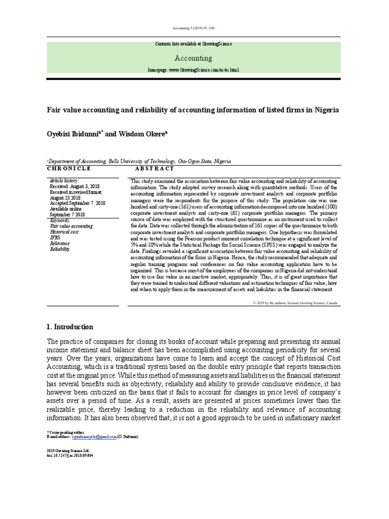 Fair Value Accounting and Reliability of Accountin PDF | PDF ...