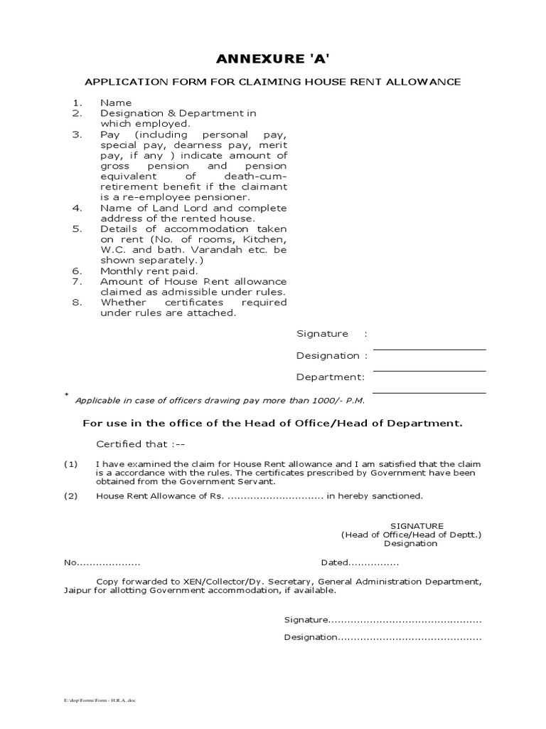 Annexure 'A' Application Form For Claiming House Rent Allowance PDF