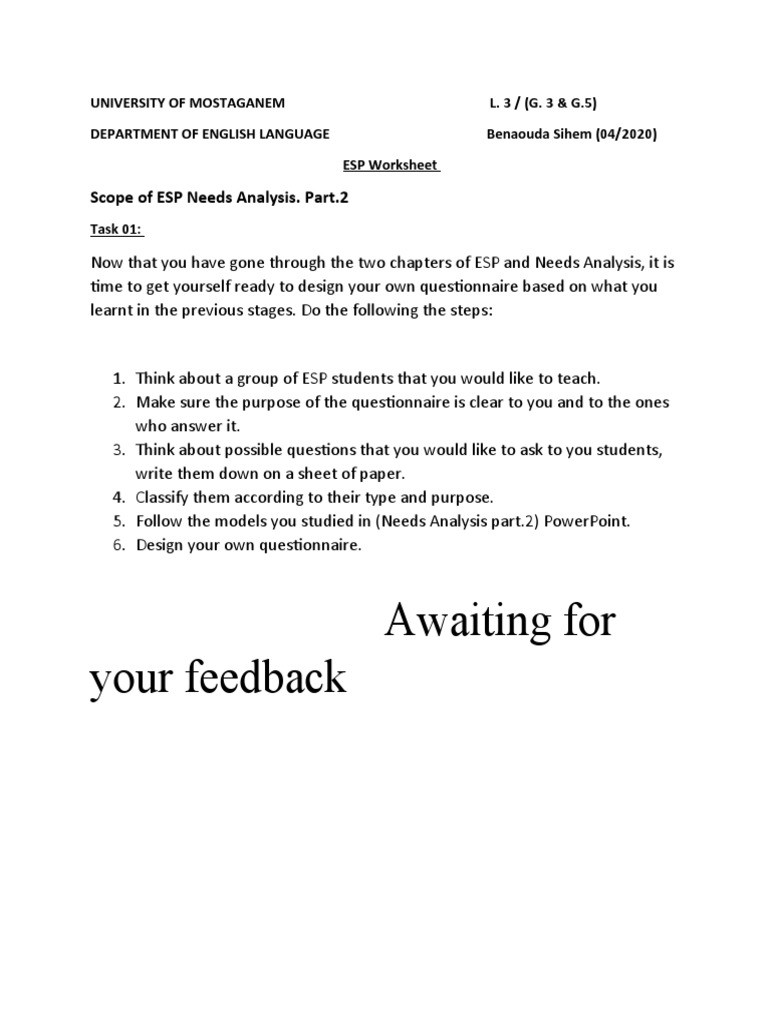 ESP Needs Analysis Worksheet Guide | PDF